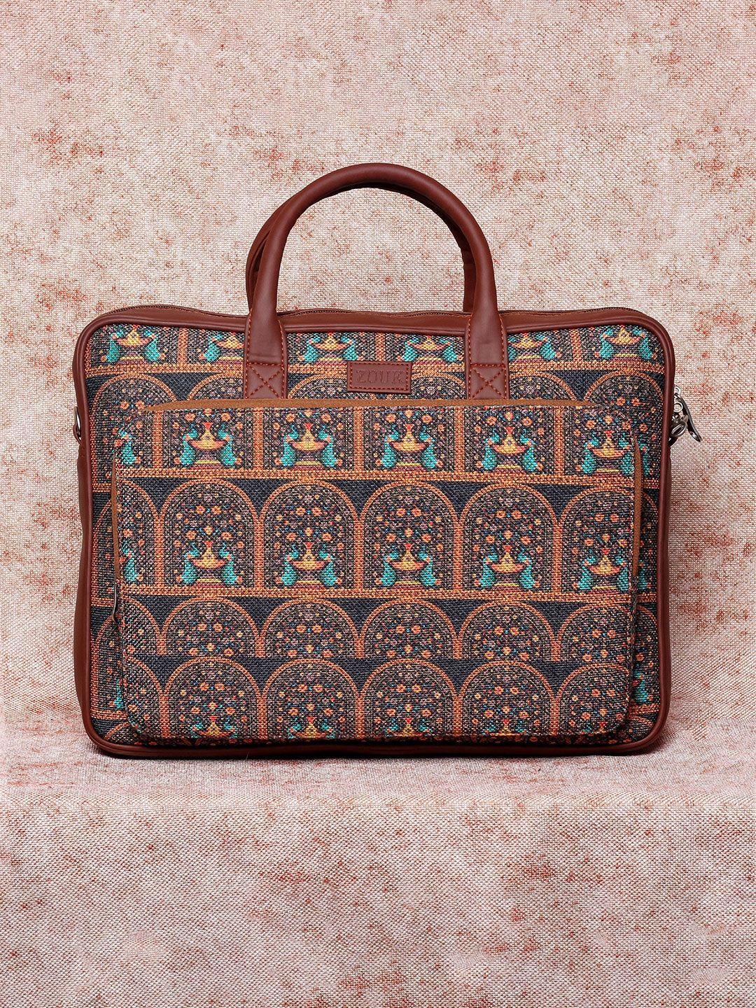 zouk women brown & blue peacock printed laptop bag