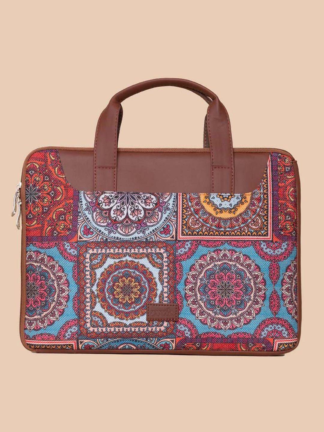 zouk women brown & blue printed jute laptop sleeve