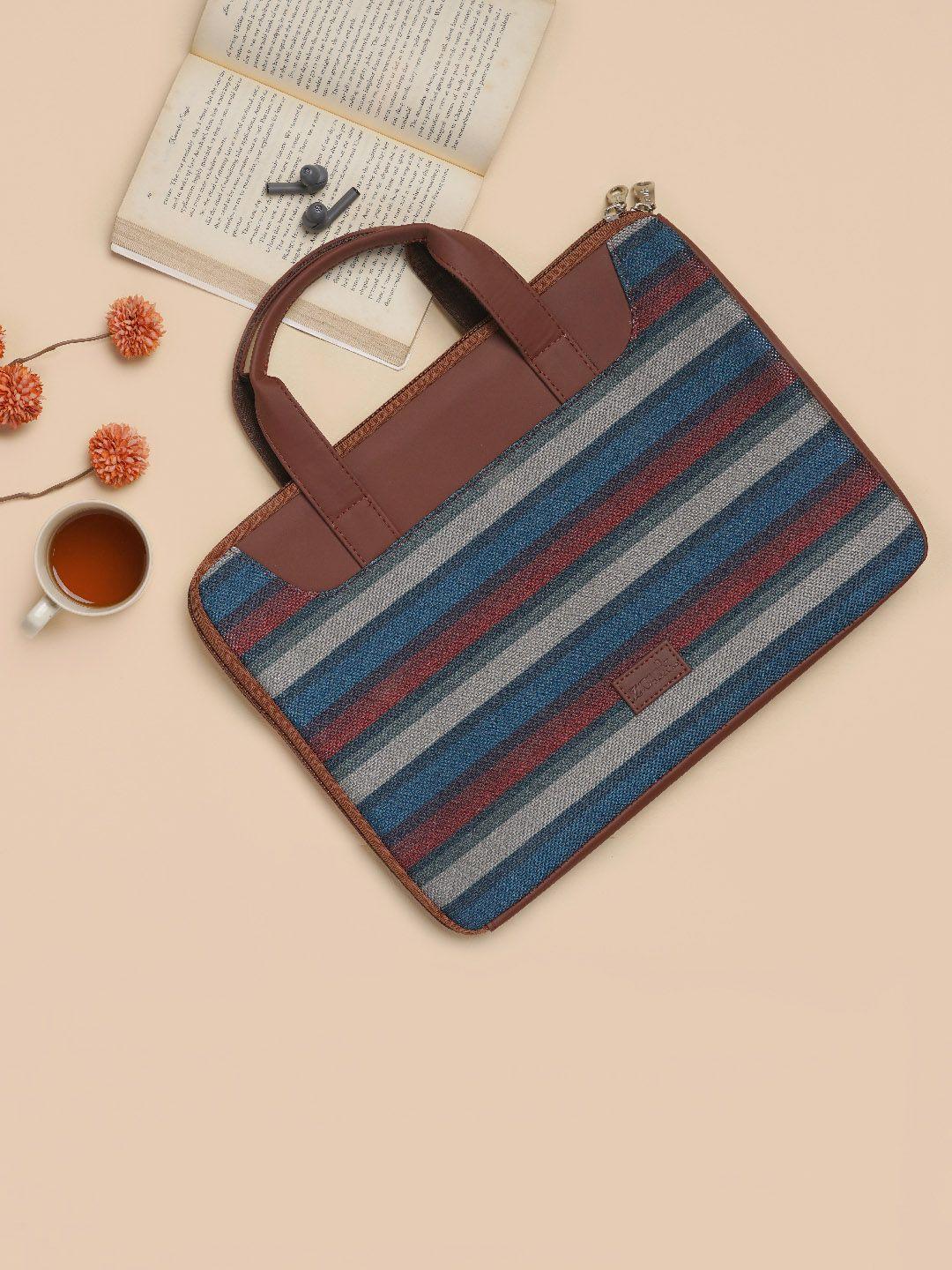 zouk women brown & blue striped jute laptop sleeve