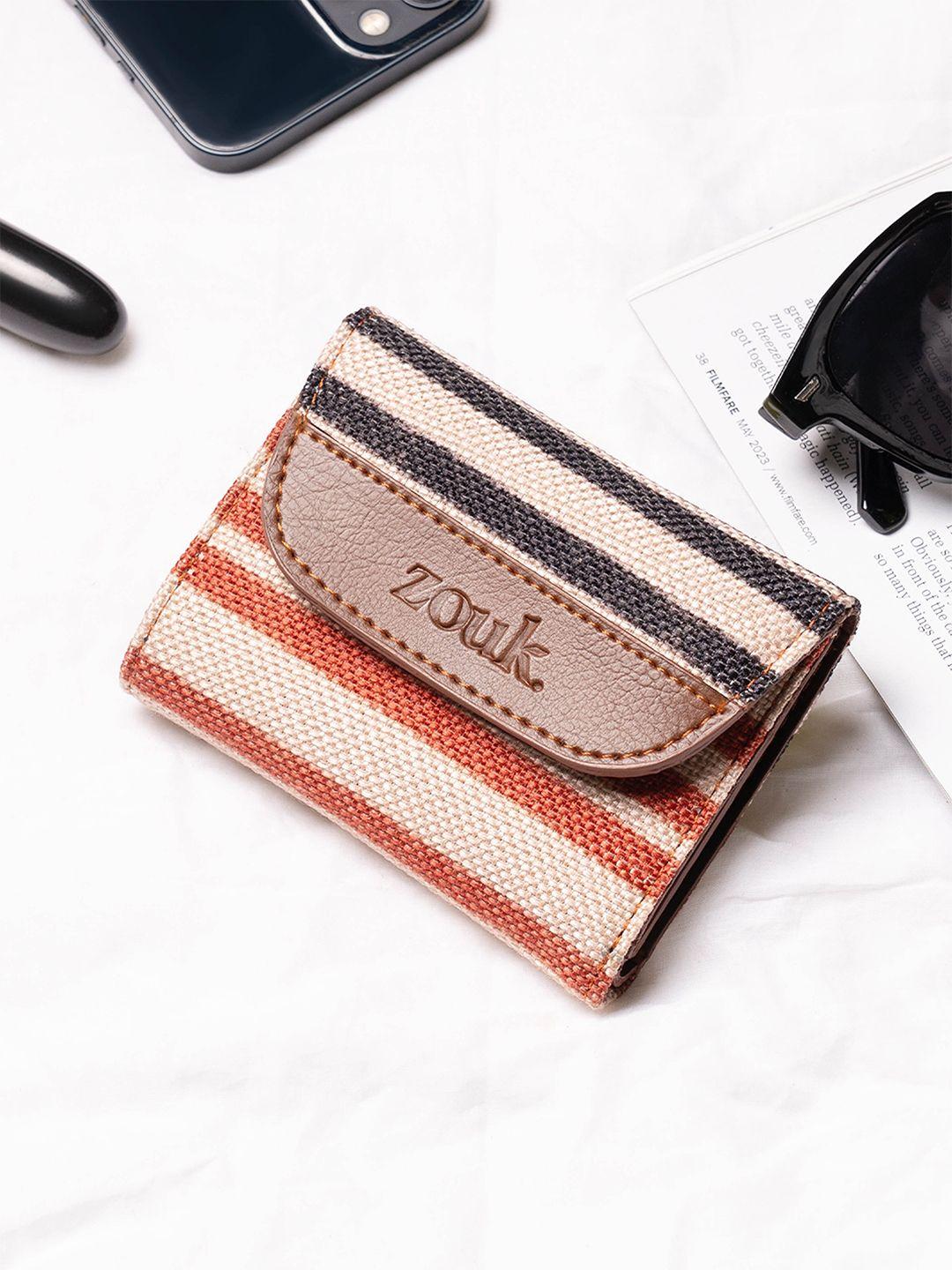 zouk women brown & orange striped three fold wallet