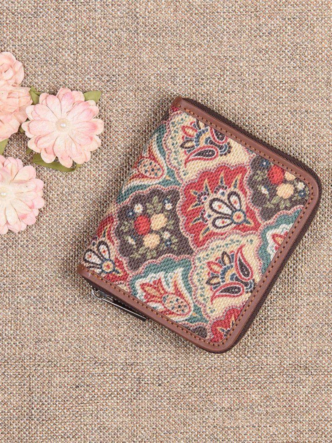 zouk women brown & red floral printed zip around wallet