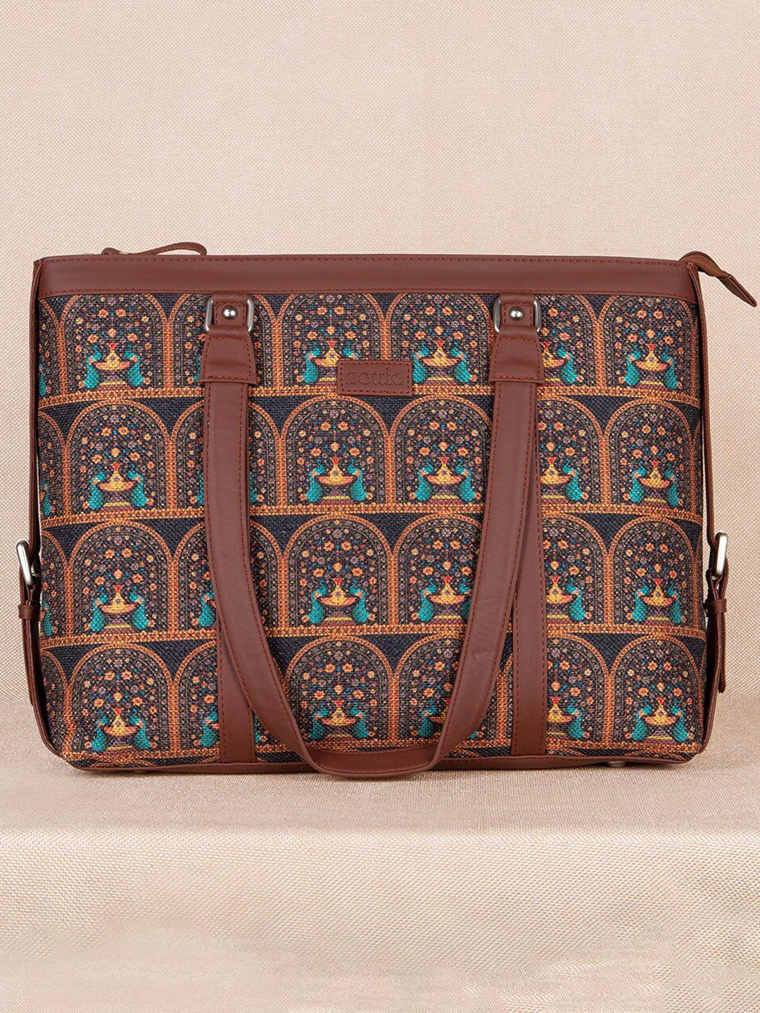 zouk women brown ethnic motifs printed structured tote bag