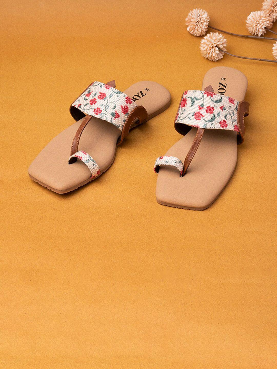 zouk women cream-coloured & red floral printed one toe kolhapuri flats