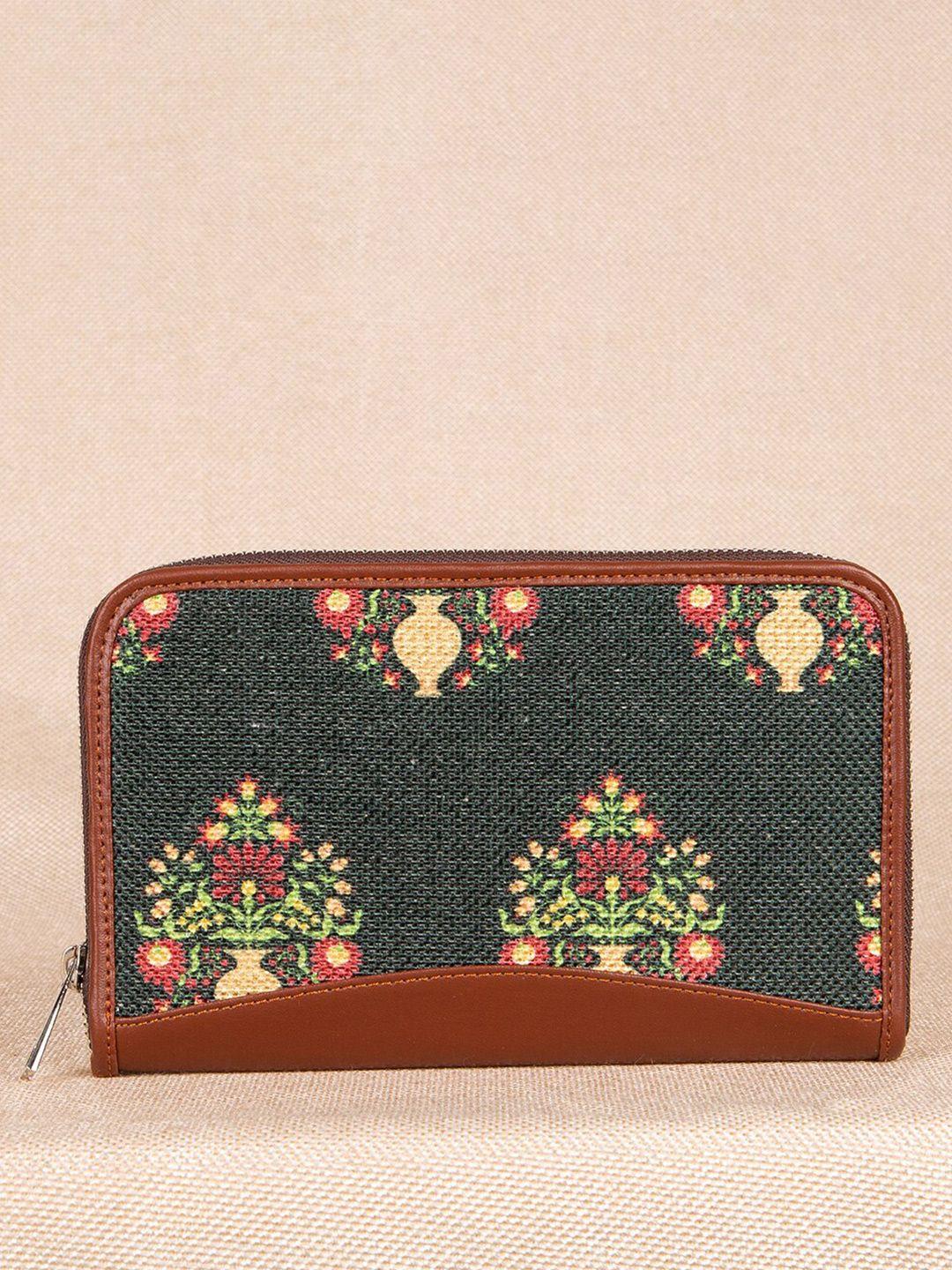 zouk women green & brown ethnic motifs printed zip around wallet