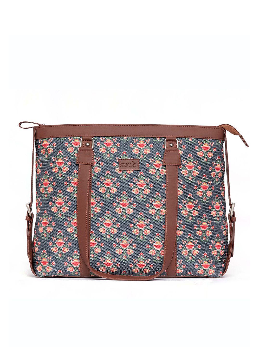zouk women navy blue & brown floral laptop structured bag