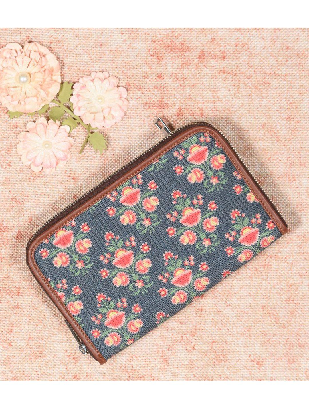 zouk women navy blue & pink floral printed zip around wallet