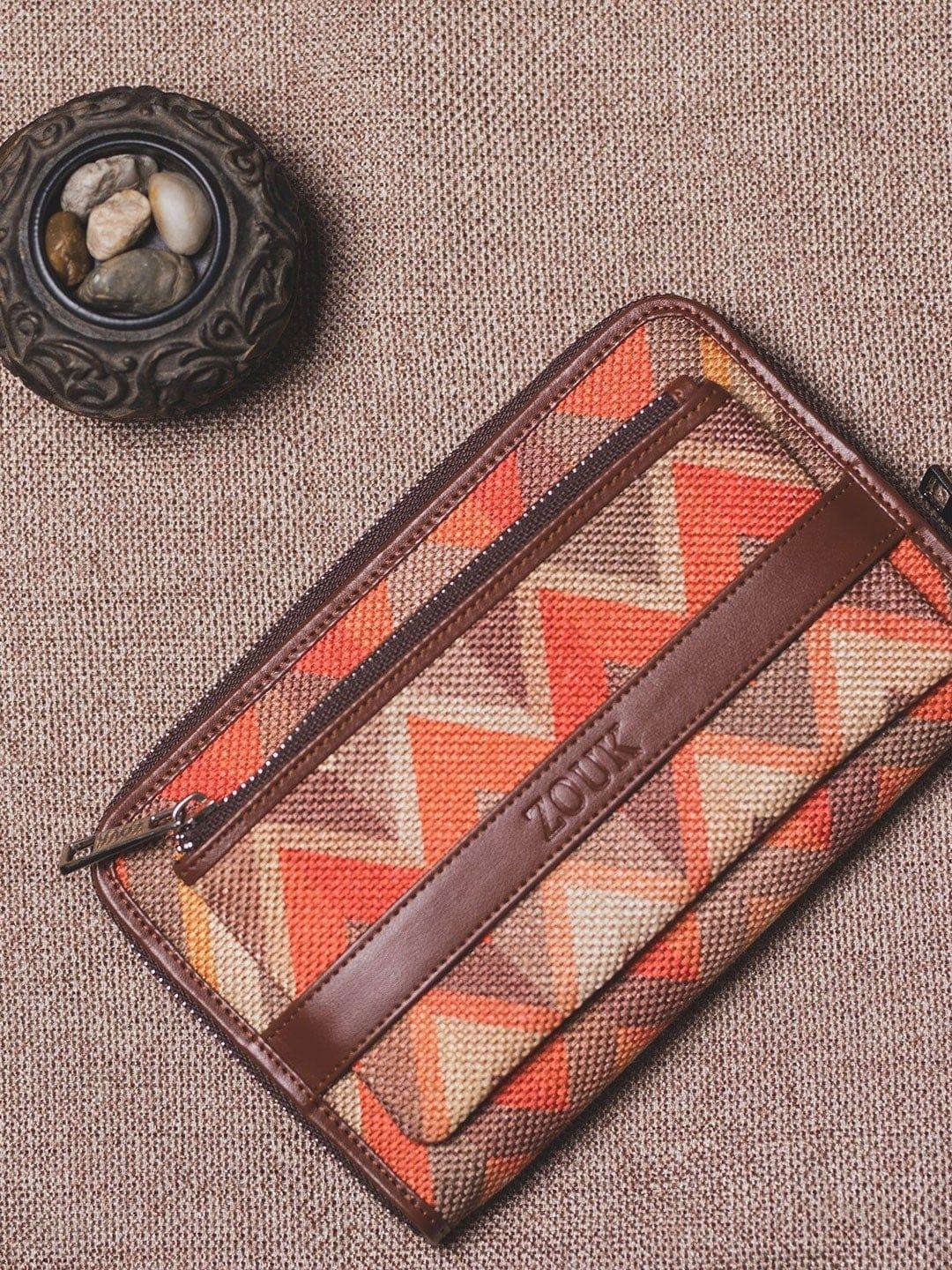 zouk women orange & brown printed vegan leather zip around sustainable wallet