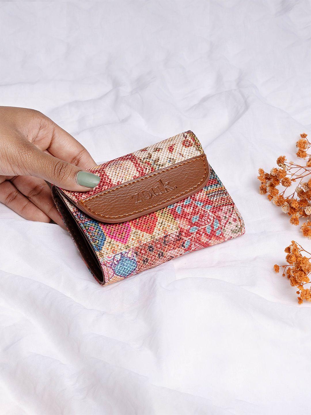 zouk women pink & brown abstract printed three fold wallet