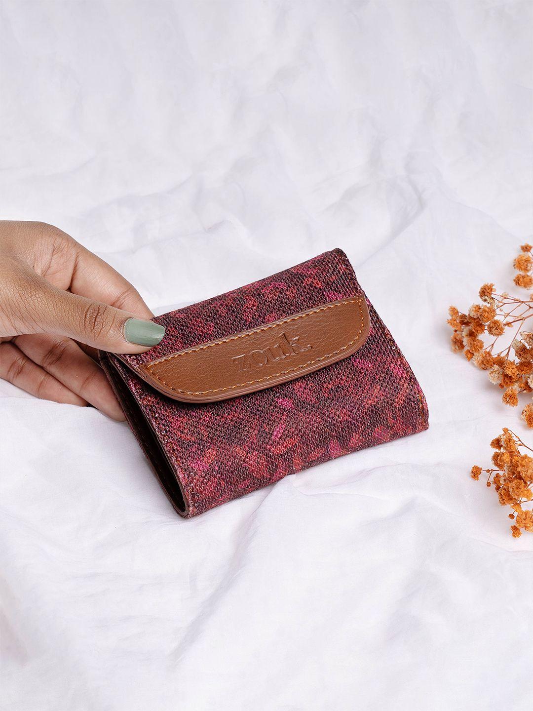 zouk women red & brown floral printed three fold wallet