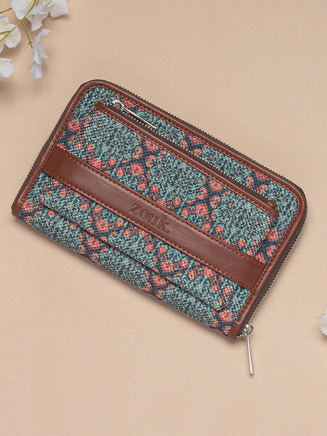 zouk women teal & blue ethnic motifs printed zip detail zip around wallet
