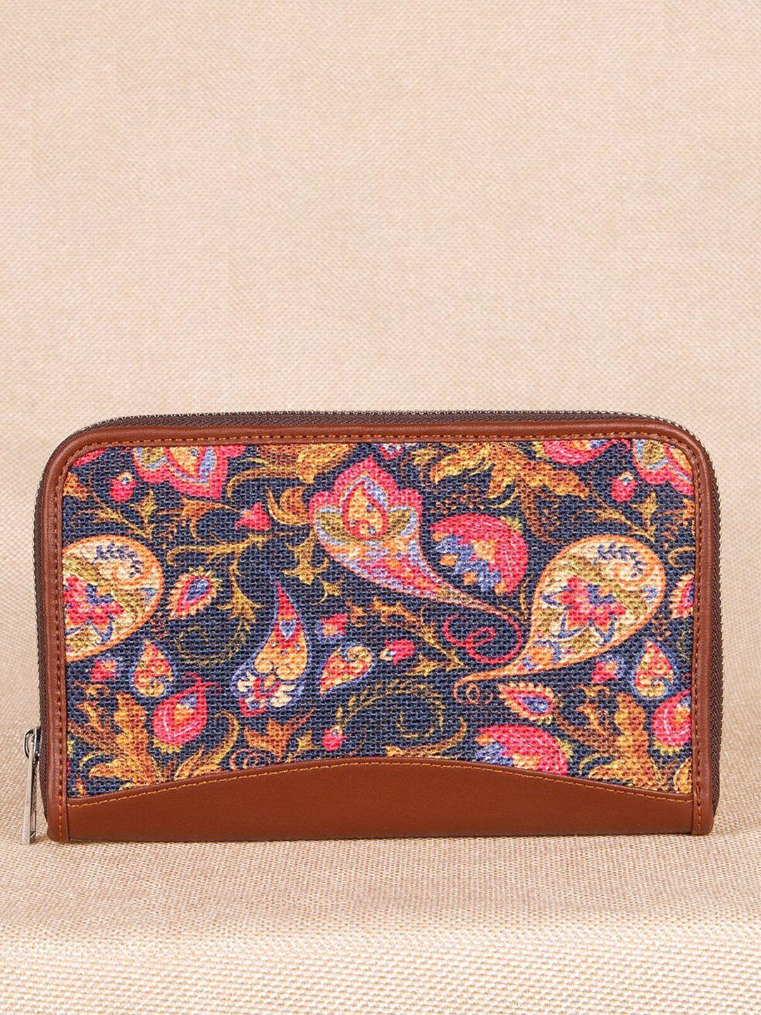 zouk women women blue & brown floral printed zip around wallet