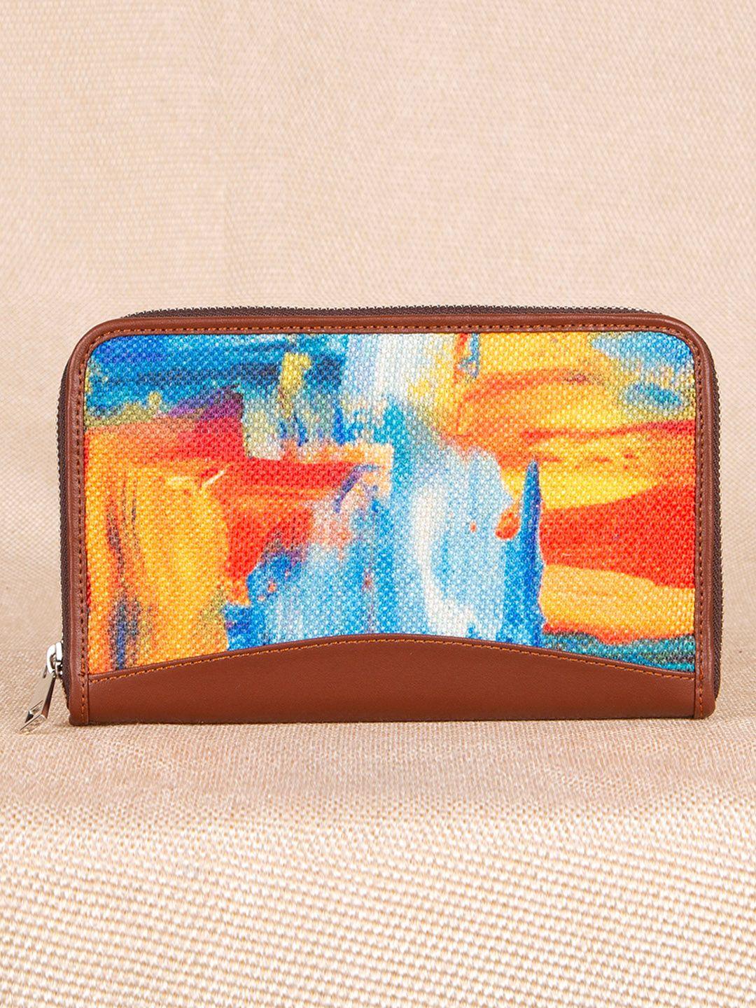 zouk women yellow & orange printed vegan leather zip around sustainable wallet