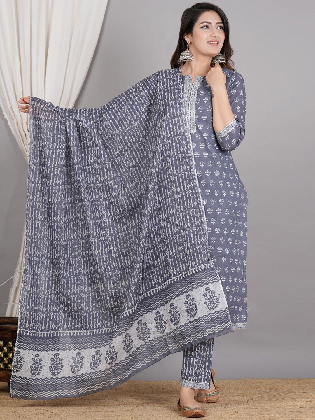 zoyoto ethnic motifs printed pure cotton straight kurta with trousers & dupatta