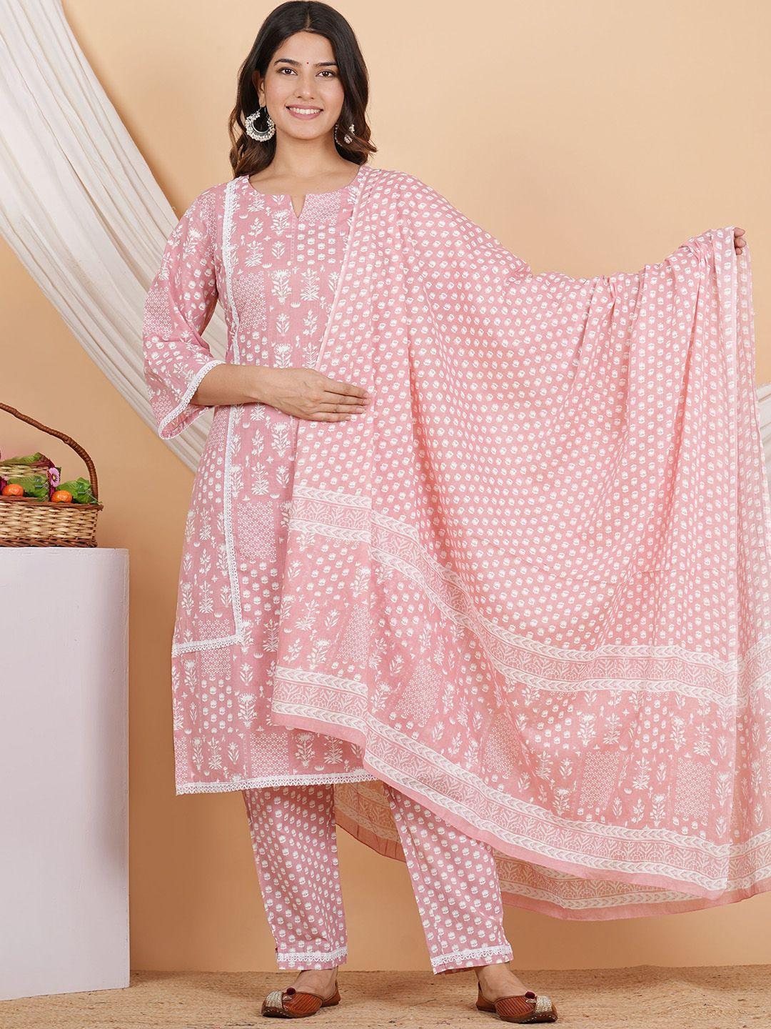 zoyoto ethnic motifs printed regular pure cotton kurta with trousers & dupatta