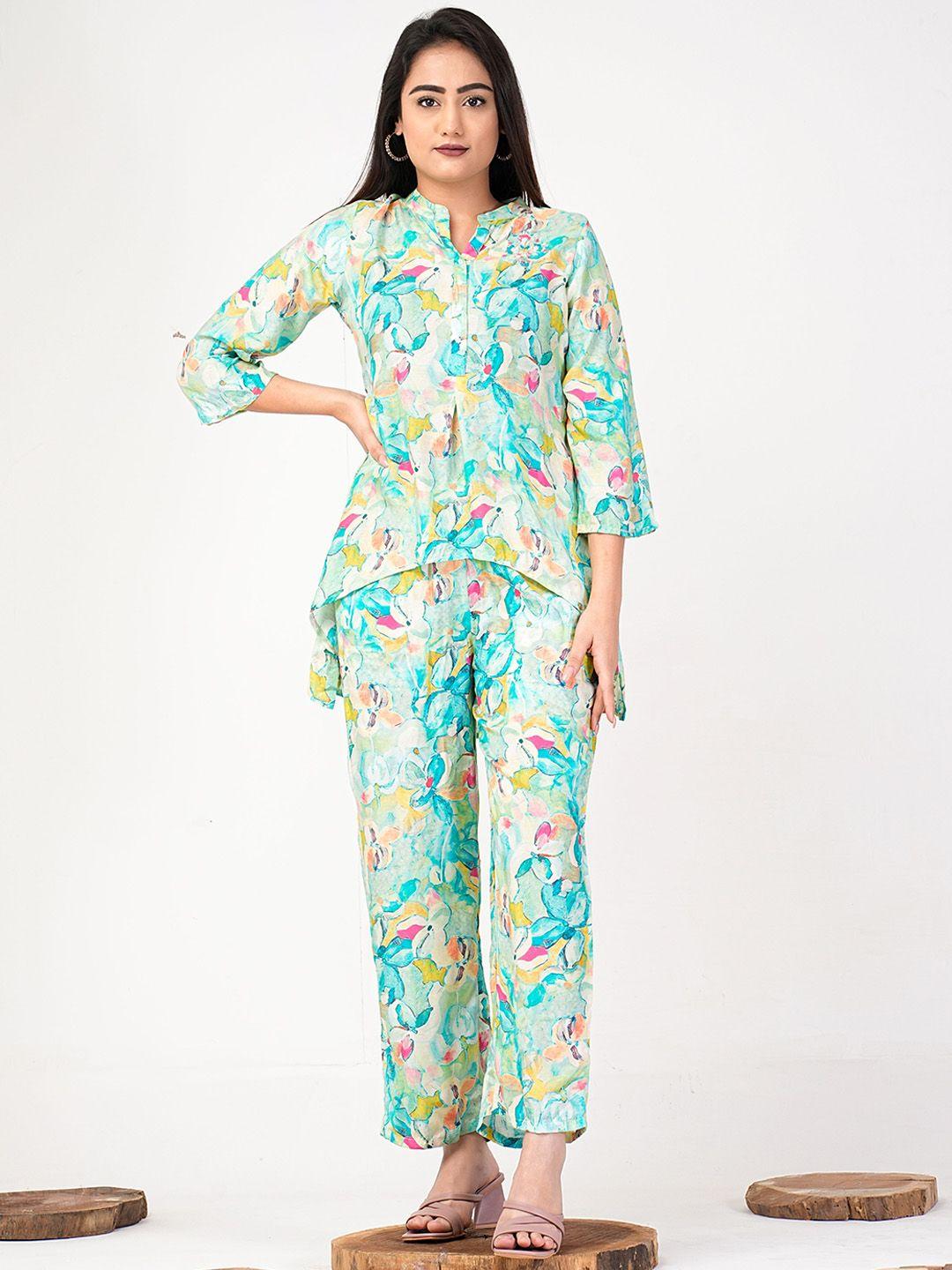 zoyoto floral printed mandarin collar shirt with trousers