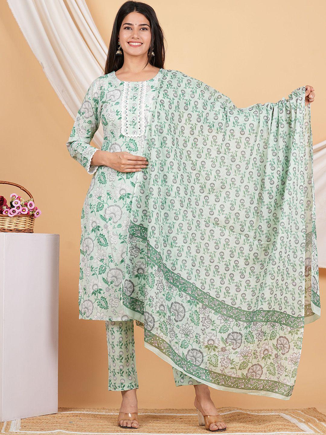 zoyoto floral printed mirror work pure cotton kurta with trousers & dupatta