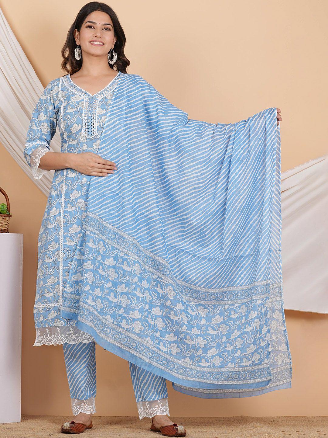 zoyoto floral printed regular mirror work pure cotton kurta with trousers & dupatta