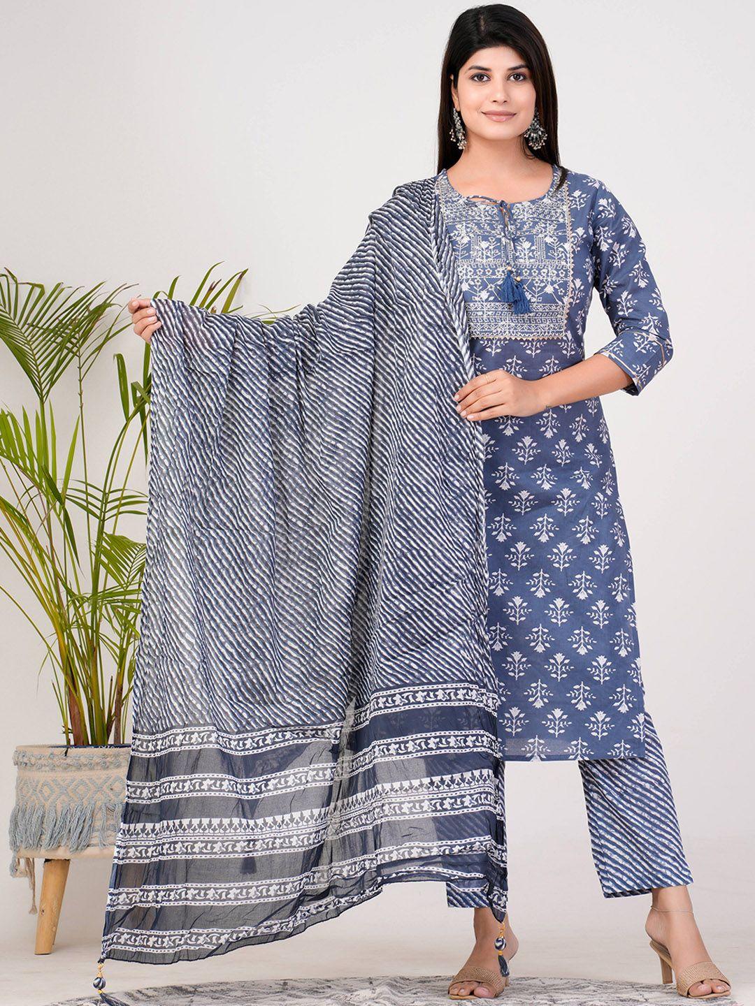 zoyoto floral printed regular thread work pure cotton kurta with trousers & dupatta