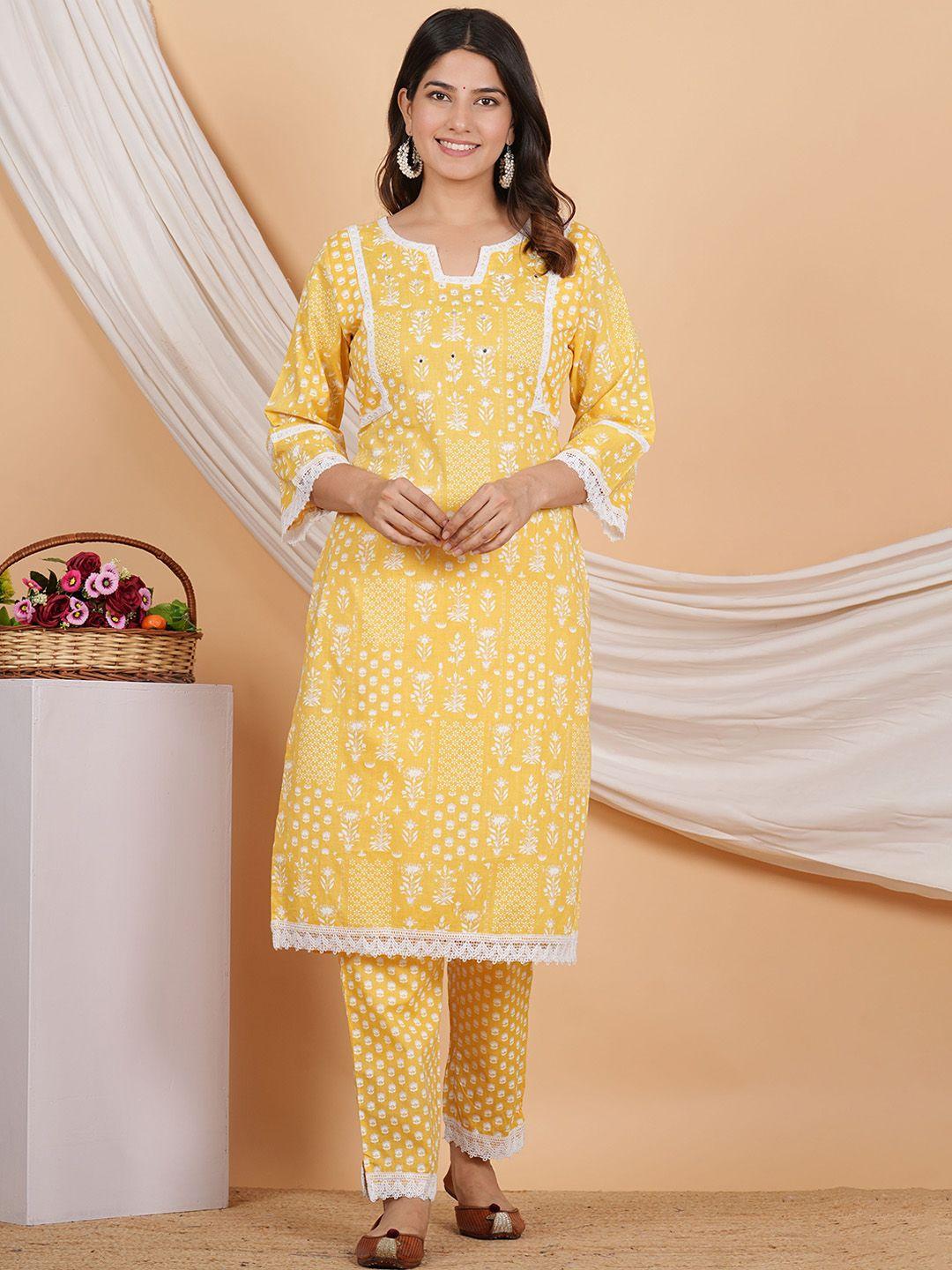 zoyoto floral printed regular thread work pure cotton kurta with trousers