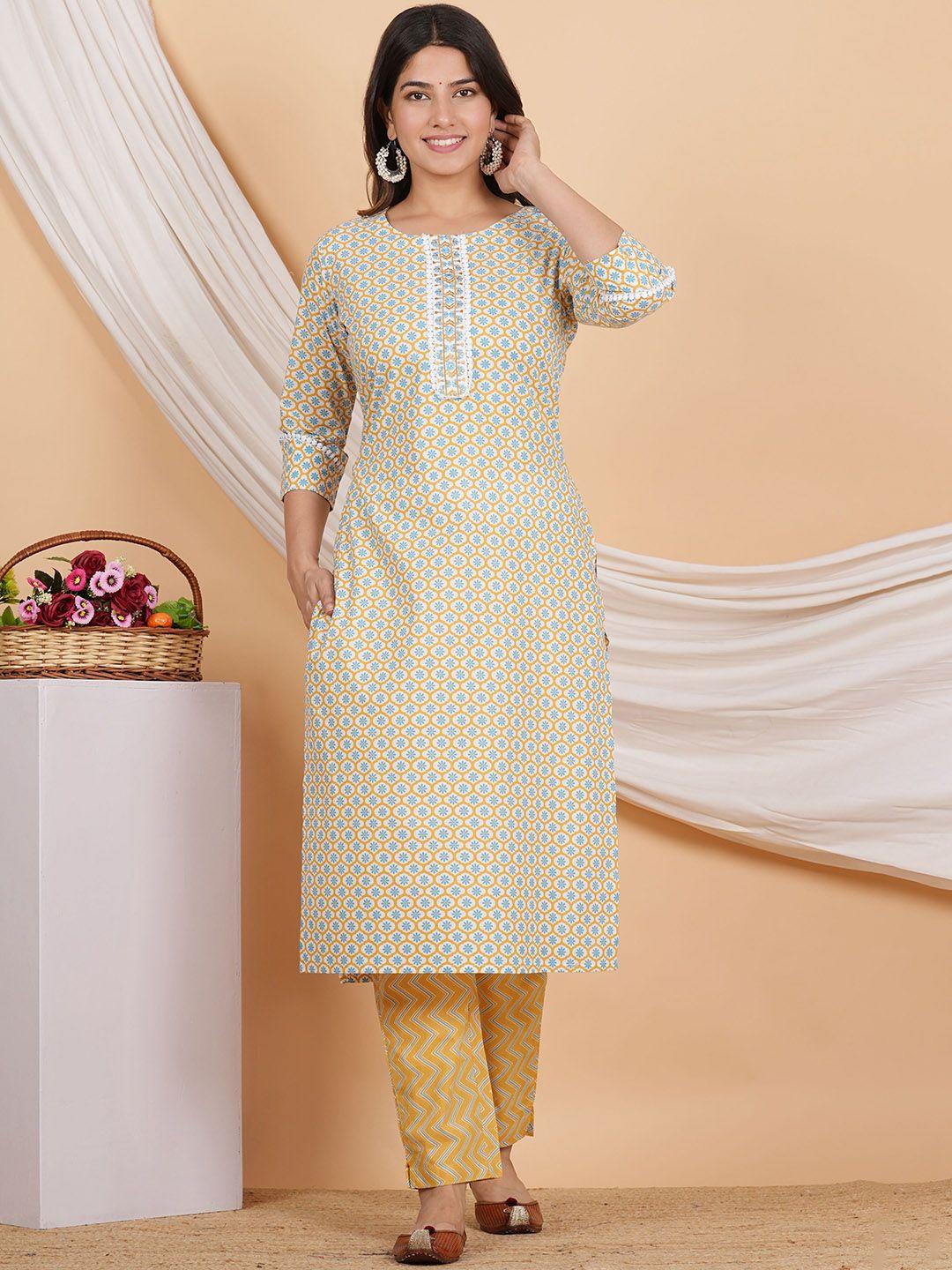 zoyoto floral printed regular thread work pure cotton kurta with trousers