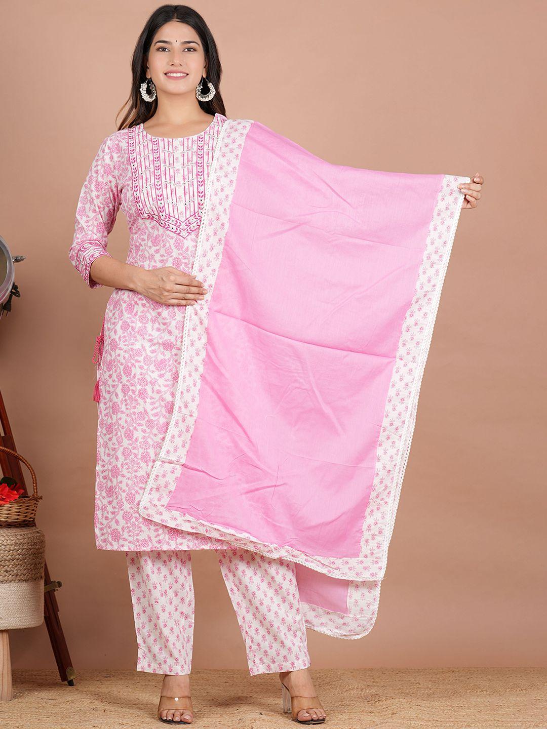 zoyoto floral printed sequinned pure cotton regular kurta with trousers & with dupatta