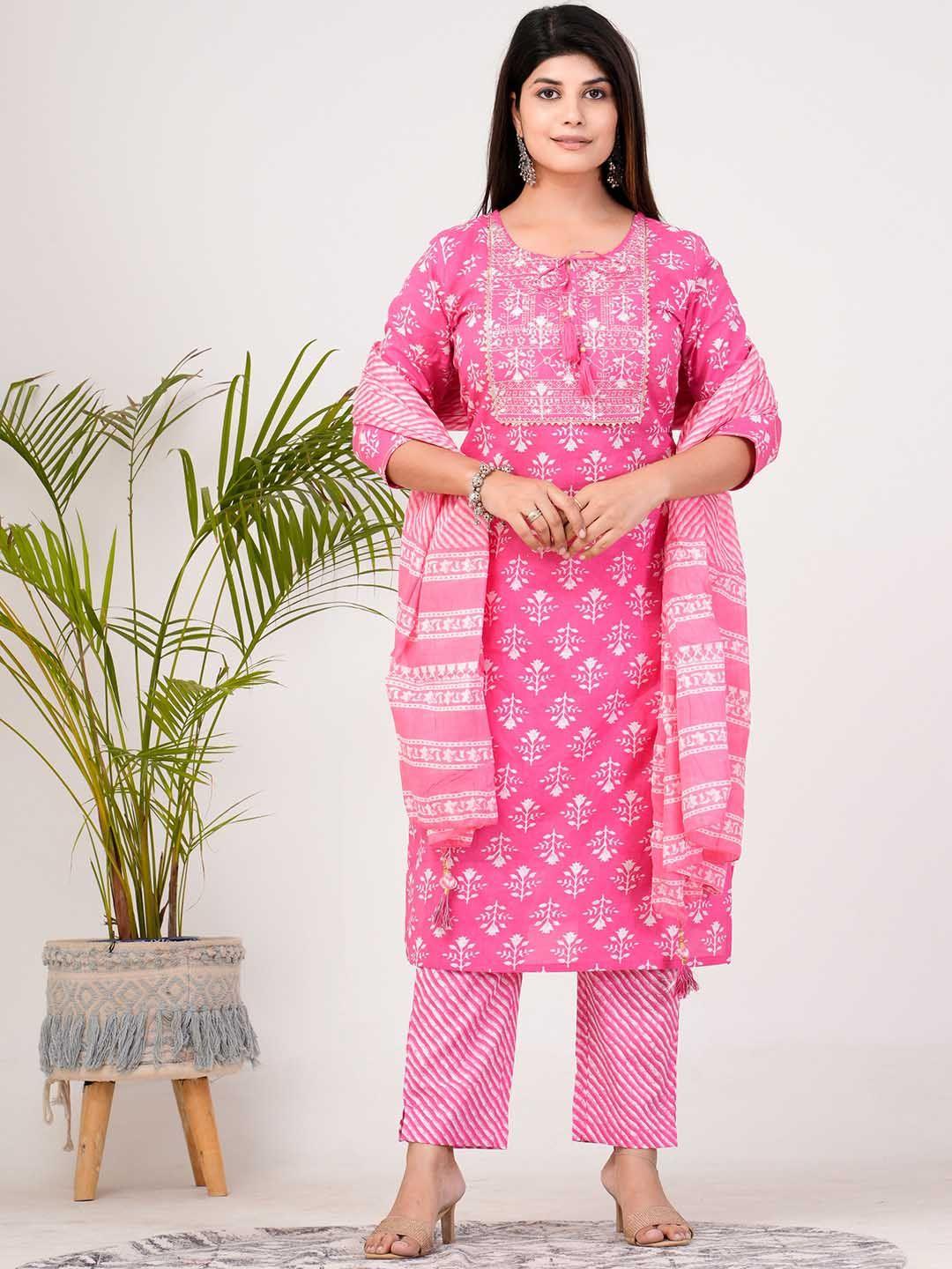 zoyoto floral printed tie-up neck straight pure cotton kurta with trousers & dupatta