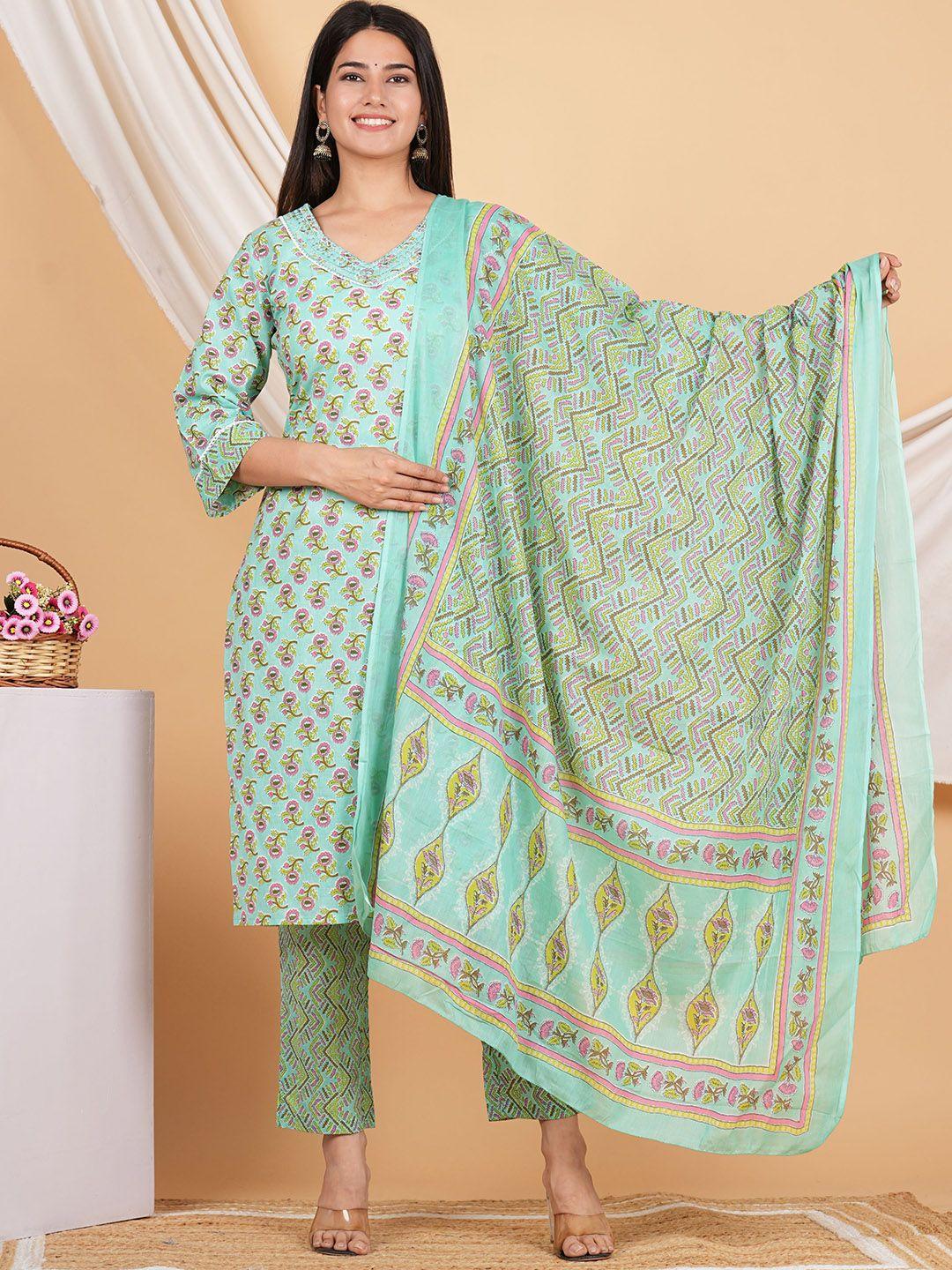 zoyoto floral printed v-neck pure cotton straight kurta & trousers with dupatta