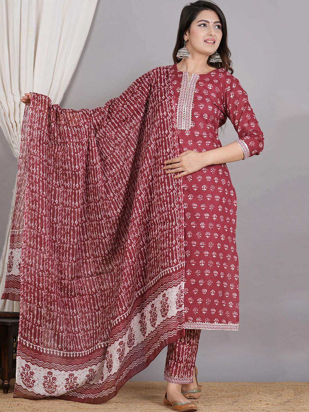 zoyoto women red ethnic motifs printed regular gotta patti pure cotton kurta with trousers & with dupatta