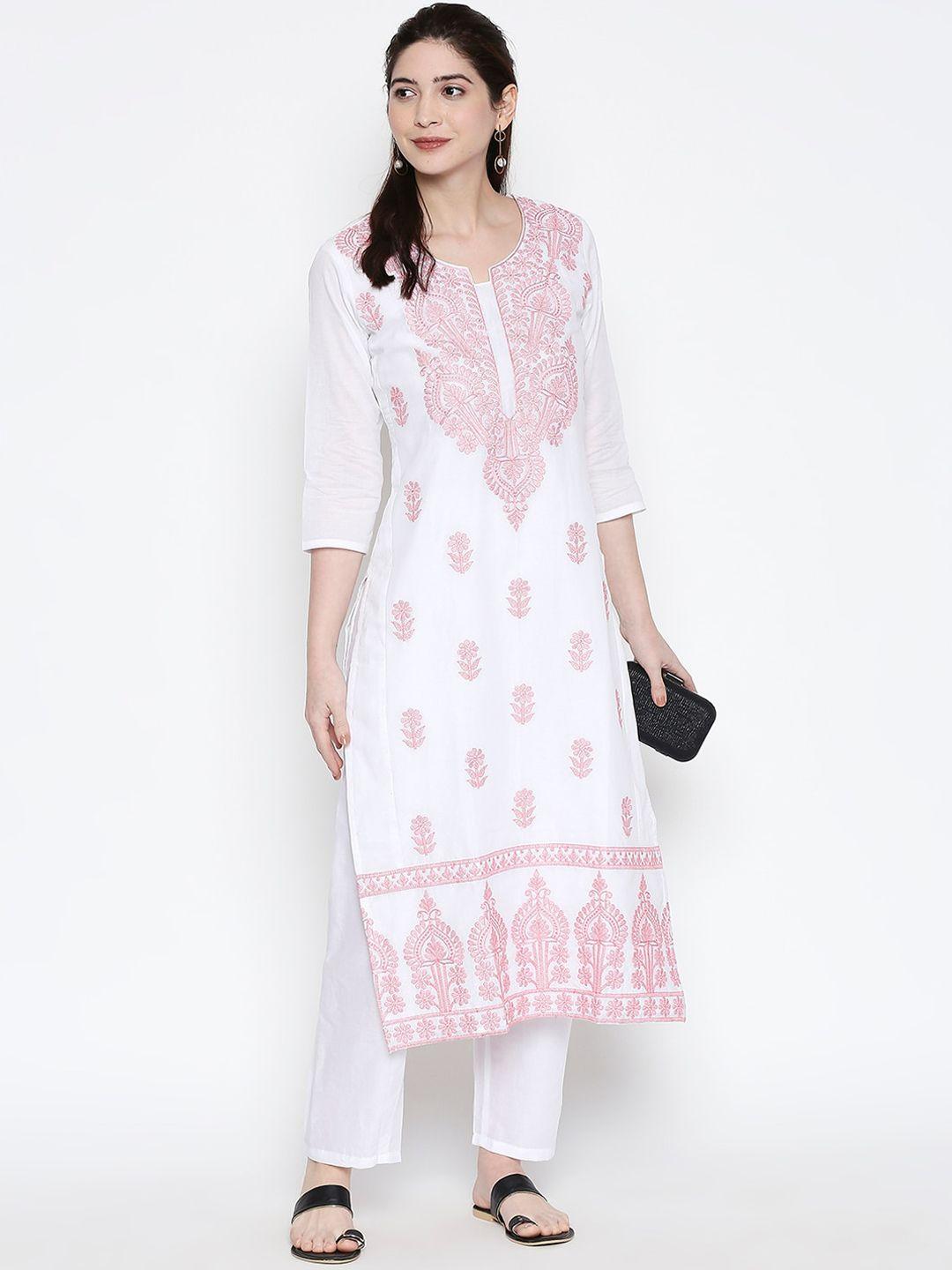 zri floral embroidered straight pure cotton kurta with trousers