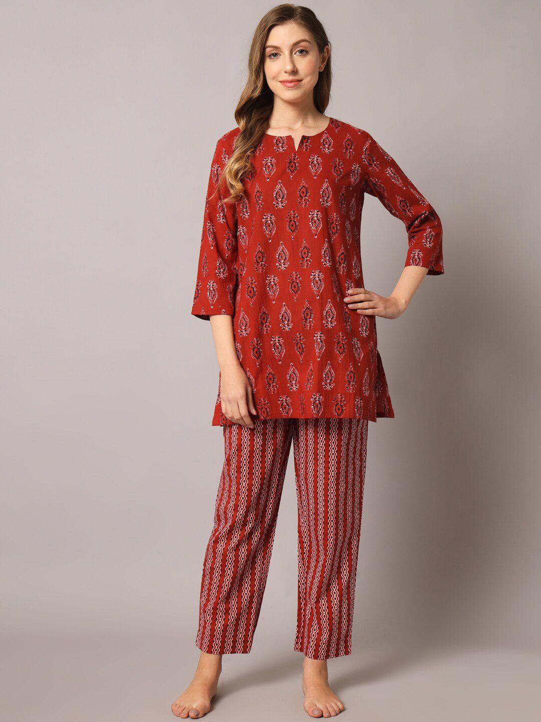 zri women 2 pieces ethnic motifs printed pure cotton night suit