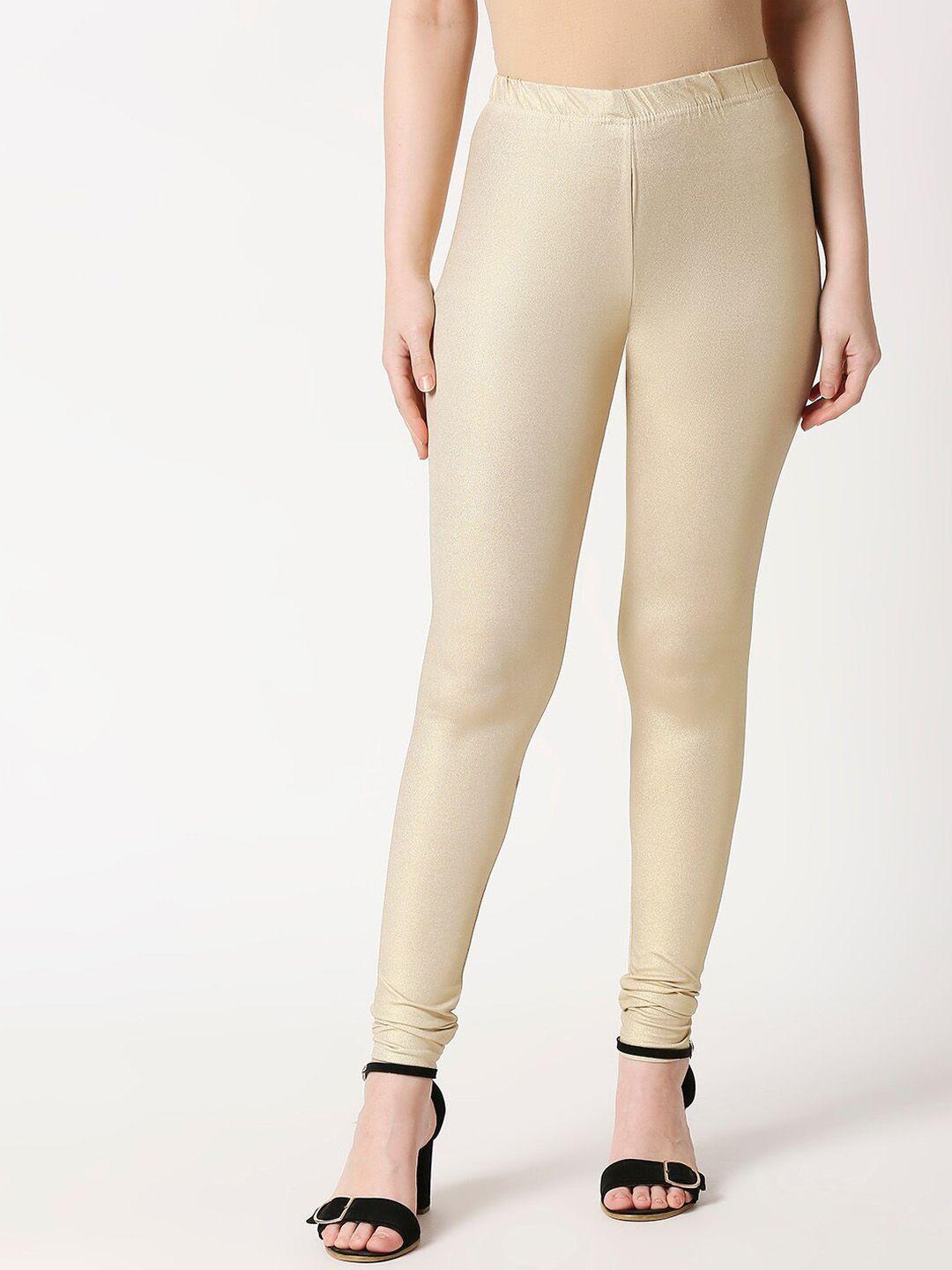 zri women gold-coloured solid ankle-length shimmer leggings