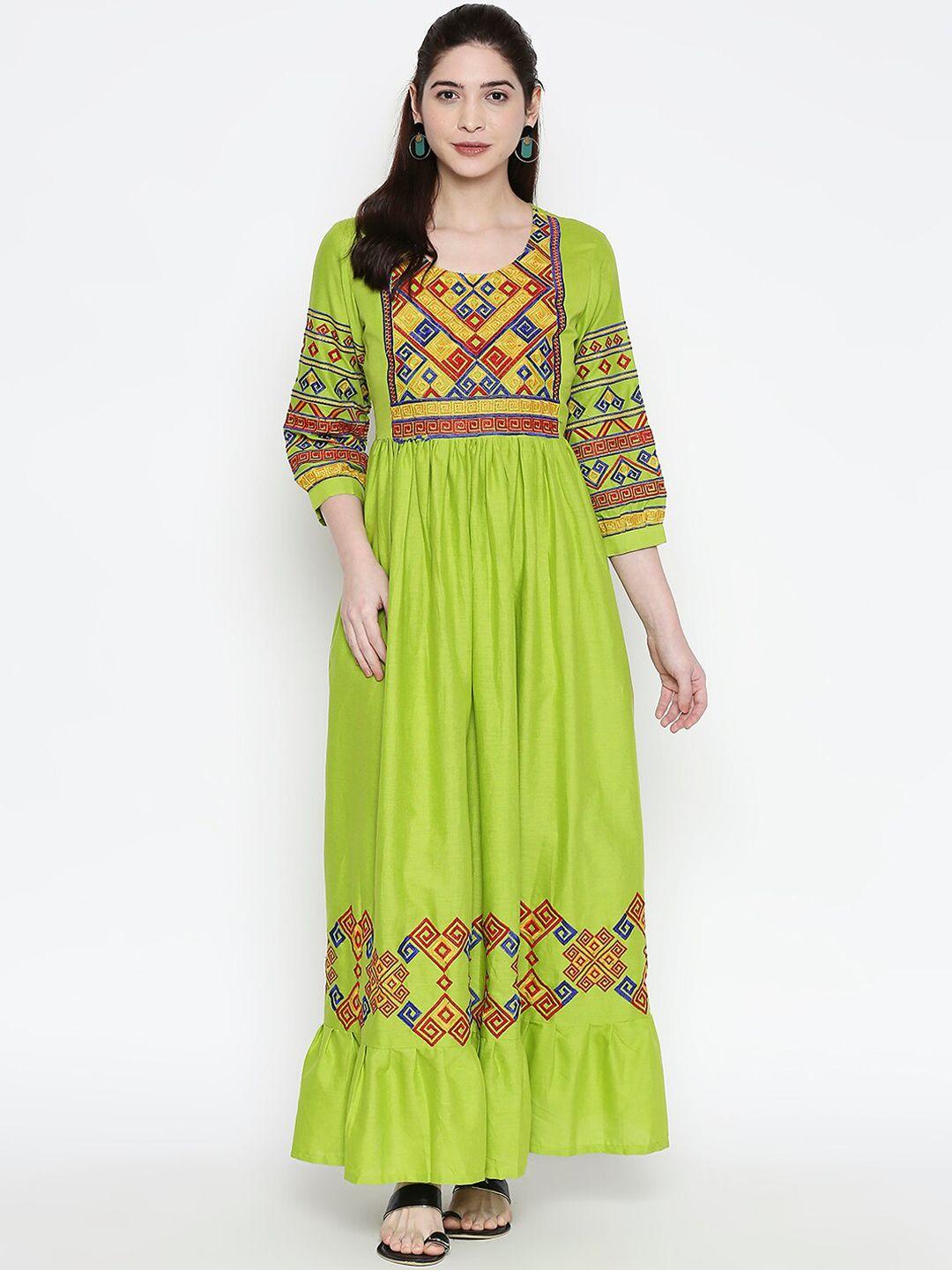 zri women green embroidered maxi ethnic dress