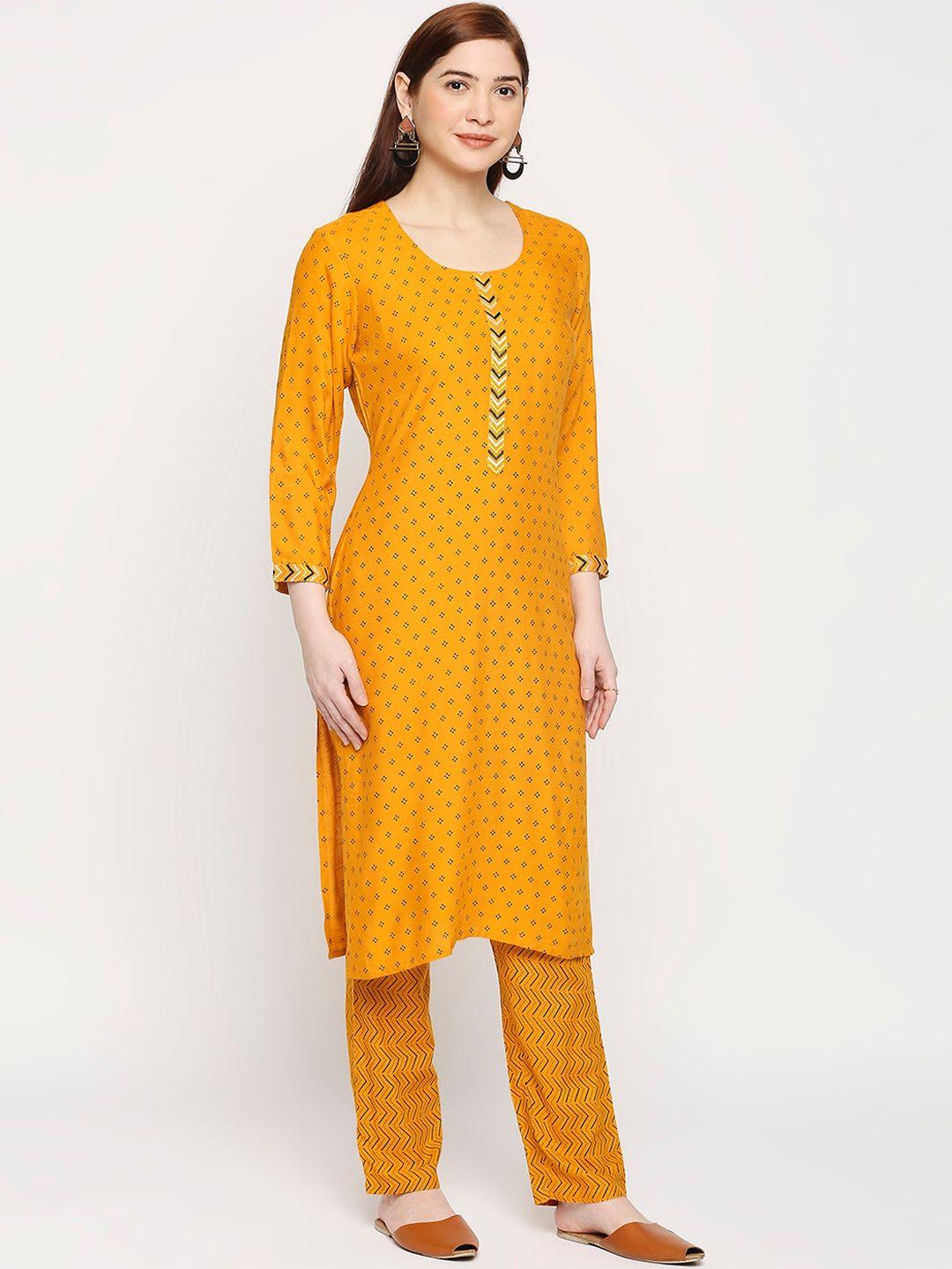 zri women mustard yellow printed kurta with trousers