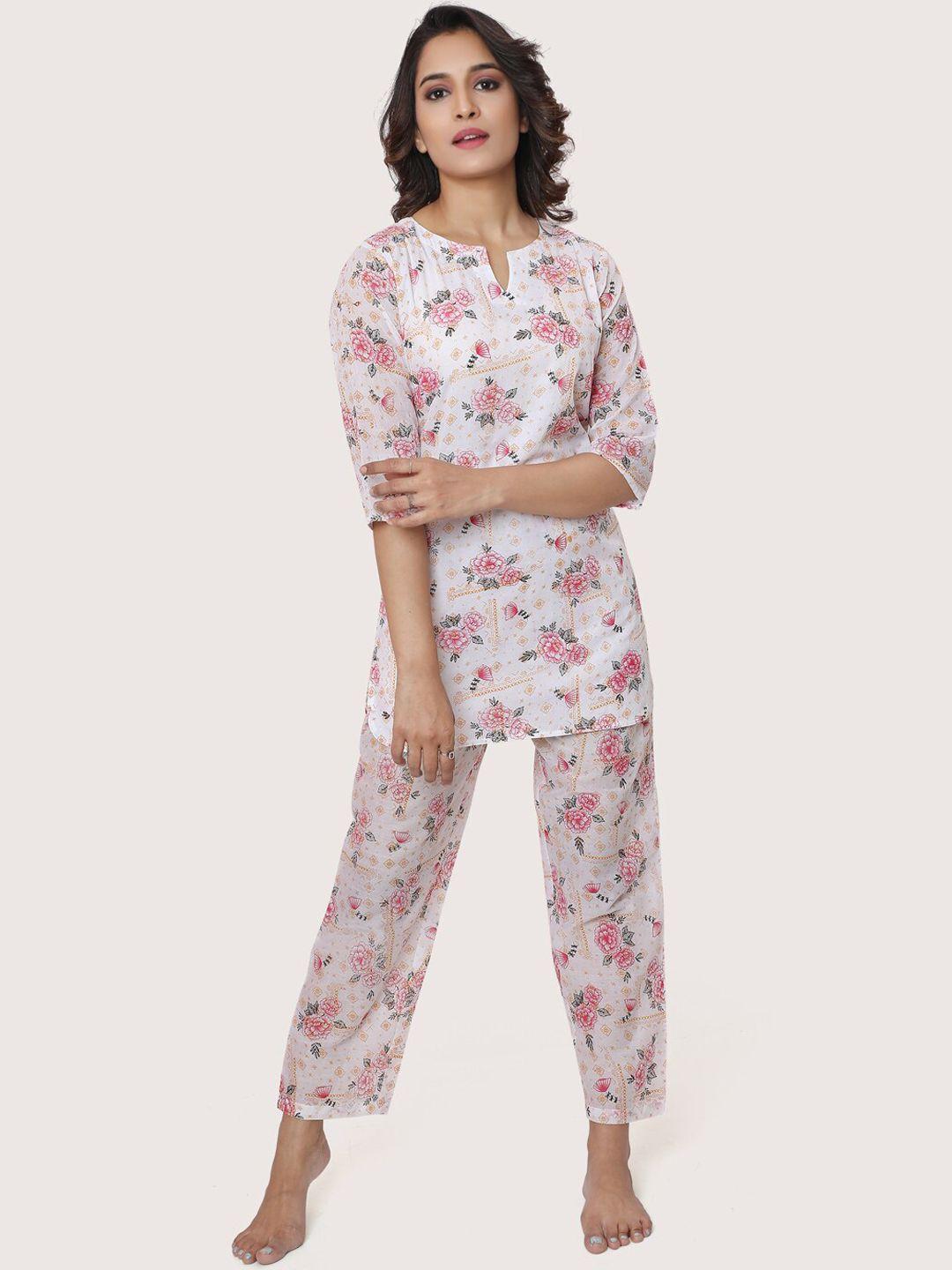 zri women white & pink printed pure cotton night suit