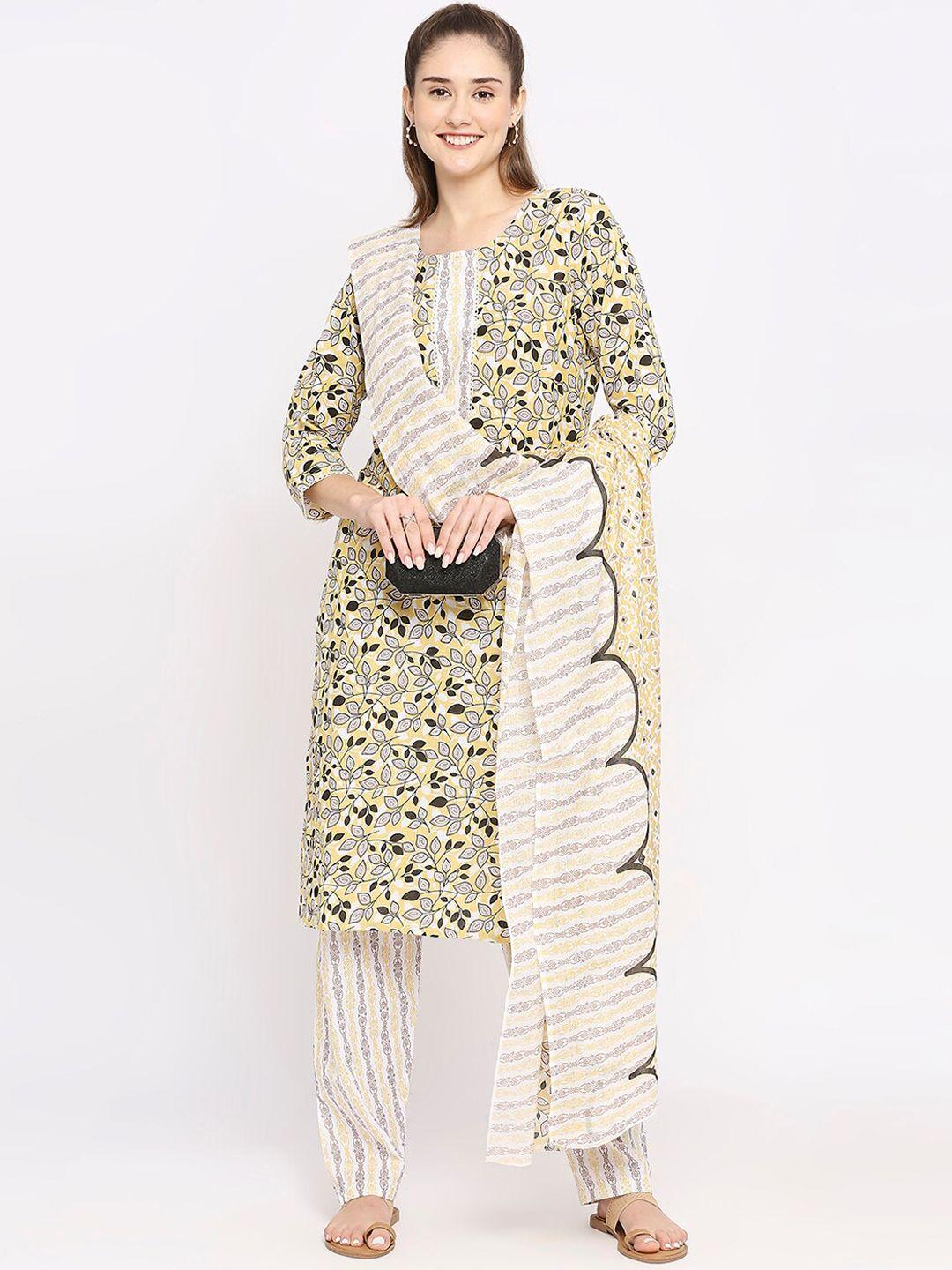 zri women yellow printed regular pure cotton kurta with trousers & with dupatta