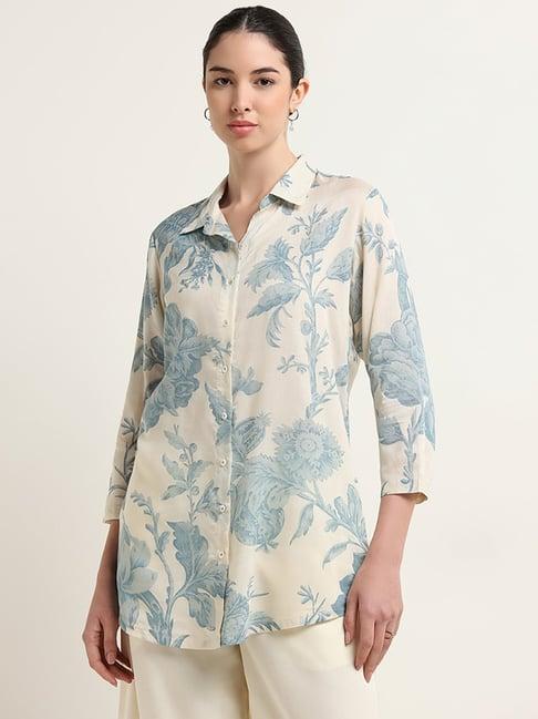 zuba by westside blue floral print button-down tunic