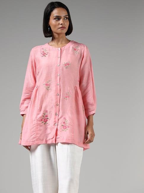 zuba by westside pink embroidered buttoned down kurti