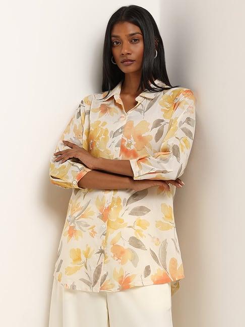 zuba by westside yellow floral printed straight tunic