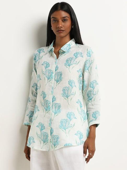 zuba by westside aqua floral design straight linen tunic