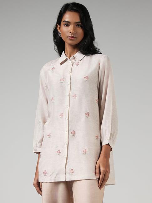 zuba by westside beige floral embroidered buttondown kurti