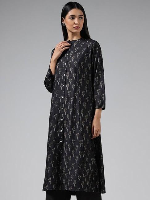 zuba by westside black tulip printed buttoned down kurta