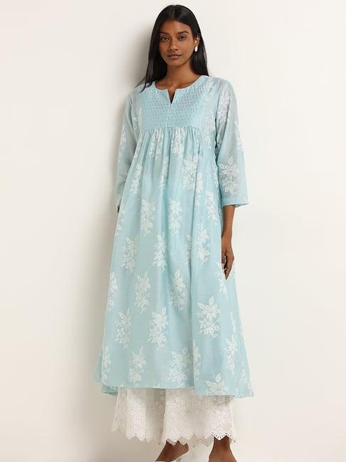 zuba by westside blue bandhani floral design a-line kurta with camisole