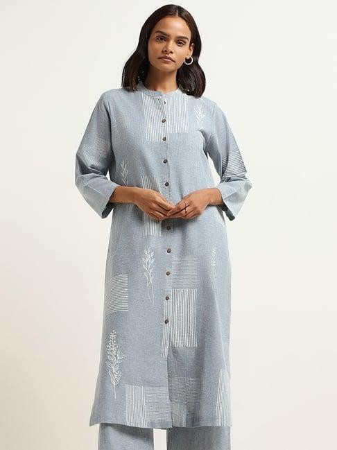 zuba by westside blue embroidered button-down kurta