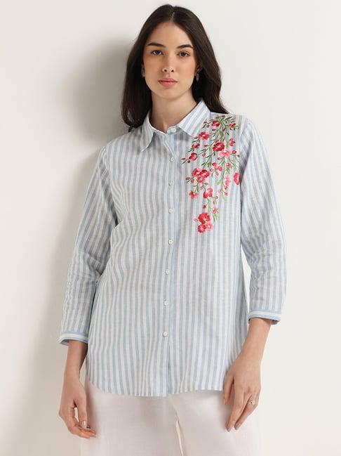 zuba by westside blue floral embroidered cotton tunic