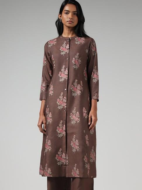 zuba by westside brown floral printed buttondown kurta