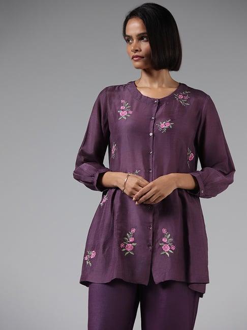 zuba by westside dark purple floral embroidered buttoned down kurti