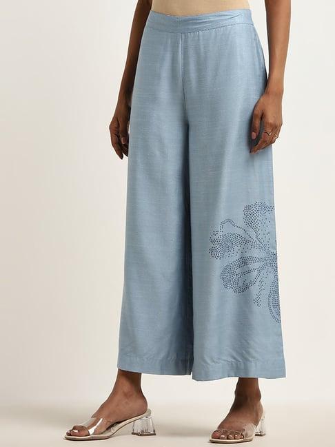 zuba by westside dusty blue high-rise printed cotton palazzos