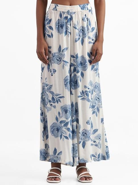 zuba by westside floral printed blue flared palazzos