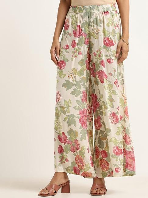 zuba by westside green & pink floral palazzos