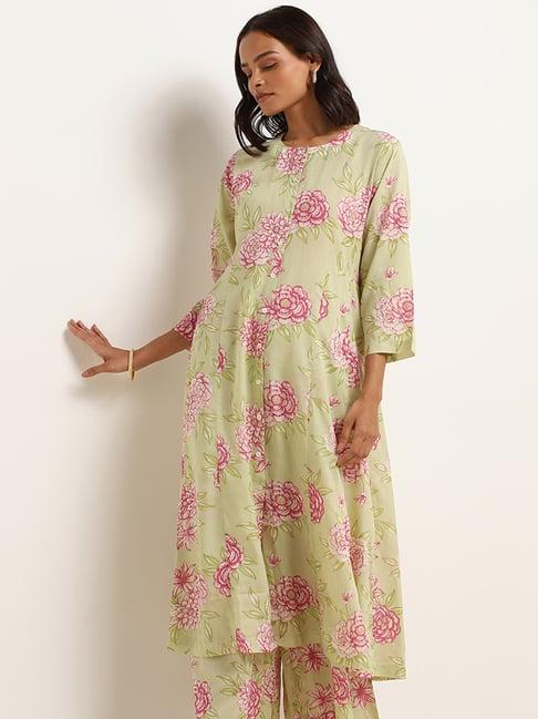 zuba by westside green floral print button-down kurta